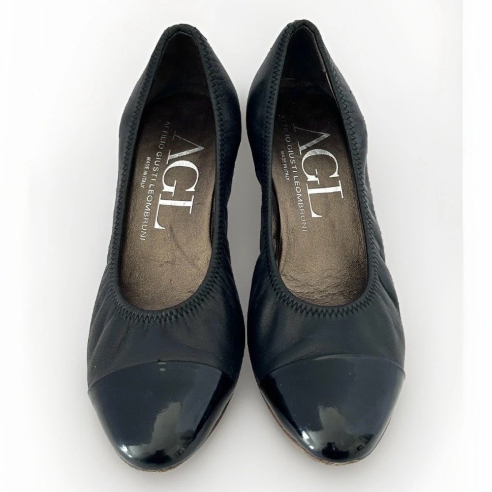 AGL Cap Toe Pump Black Spirit Patent Leather Block Heel Women's Size EU 36 US 6